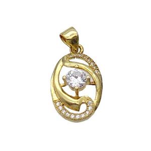 Copper Oval Pendant Pave Zircon Gold Plated, approx 12-18mm