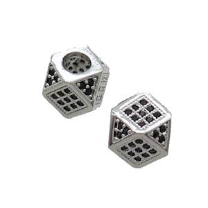 Copper Cube Beads Pave Black Zircon Large Hole Platinum Plated, approx 7mm, 3mm hole