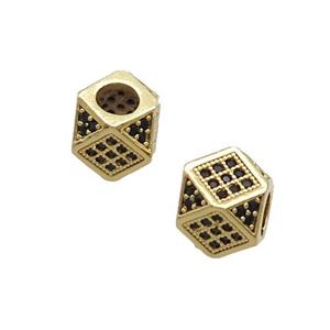 Copper Cube Beads Pave Black Zircon Large Hole Gold Plated, approx 7mm, 3mm hole