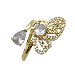 Copper Ring Pave Zircon Butterfly Gold Plated, approx 5-8mm, 12-21mm, 18mm dia