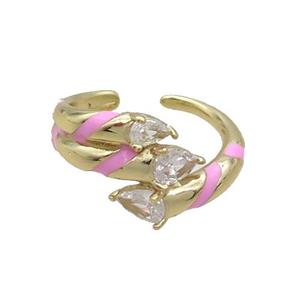 Copper Ring Pave Zircon Pink Enamel Gold Plated, approx 13mm, 18mm dia