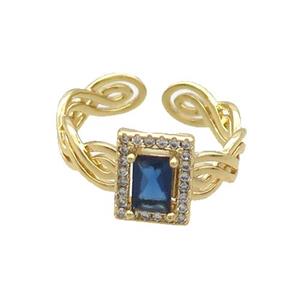 Copper Ring Pave Zircon Blue Crystal Gold Plated, approx 8-10mm, 18mm dia