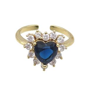 Copper Ring Pave Zircon Blue Crystal Heart Gold Plated, approx 15mm, 18mm dia