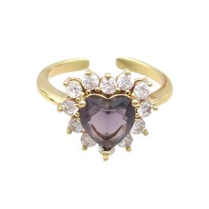 Copper Ring Pave Zircon Purple Crystal Heart Gold Plated, approx 15mm, 18mm dia