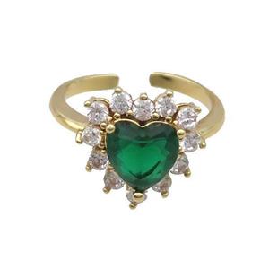 Copper Ring Pave Zircon Green Crystal Heart Gold Plated, approx 15mm, 18mm dia
