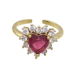 Copper Ring Pave Zircon Red Crystal Heart Gold Plated, approx 15mm, 18mm dia