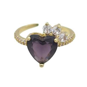 Copper Ring Pave Zircon Purple Crystal Heart Gold Plated, approx 10mm, 18mm dia