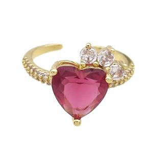Copper Ring Pave Zircon Red Crystal Heart Gold Plated, approx 10mm, 18mm dia