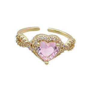 Copper Ring Pave Zircon Pink Crystal Heart Gold Plated, approx 10mm, 18mm dia