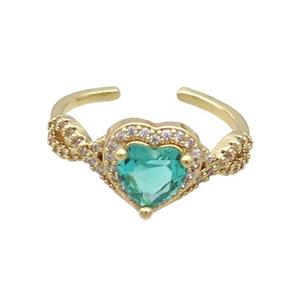 Copper Ring Pave Zircon Green Crystal Heart Gold Plated, approx 10mm, 18mm dia