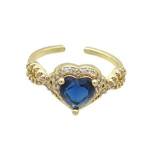 Copper Ring Pave Zircon Blue Crystal Heart Gold Plated, approx 10mm, 18mm dia