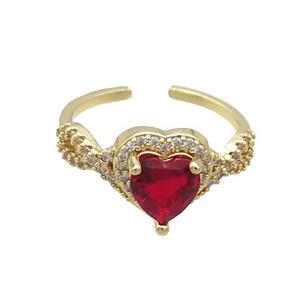 Copper Ring Pave Zircon Red Crystal Heart Gold Plated, approx 10mm, 18mm dia