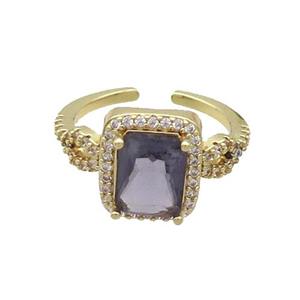 Copper Ring Pave Zircon Purple Crystal Rectangle Gold Plated, approx 10-12mm, 18mm dia