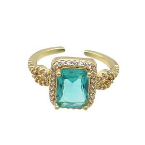 Copper Ring Pave Zircon Green Crystal Rectangle Gold Plated, approx 10-12mm, 18mm dia