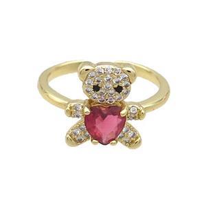Copper Ring Pave Zircon Red Crystal Bear Gold Plated, approx 12-13mm, 18mm dia