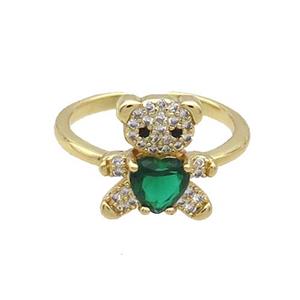 Copper Ring Pave Zircon Green Crystal Bear Gold Plated, approx 12-13mm, 18mm dia