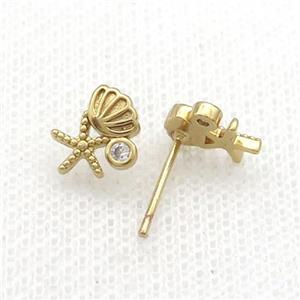 Copper Stud Earring Pave Zircon Starfish Conch Ocean Style Gold Plated, approx 8-10mm