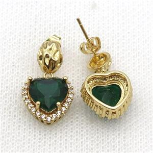 Copper Stud Earring Pave Zircon Green Crystal Heart Gold Plated, approx 13.5-14mm, 7-9mm