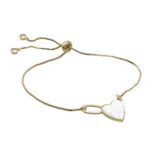 Copper Bracelet White Shell Heart Adjustable Gold Plated, approx 12-20mm, 22cm length