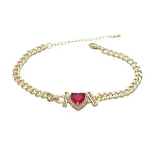 Copper Bracelet Pave Red Crystal Heart Gold Plated, approx 11mm, 7mm, 21-26cm length
