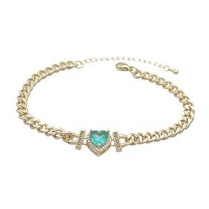 Copper Bracelet Pave Aqua Crystal Heart Gold Plated, approx 11mm, 7mm, 21-26cm length