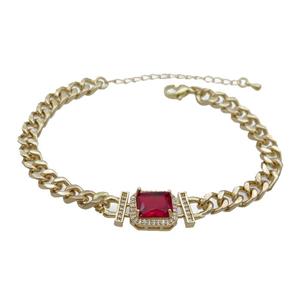 Copper Bracelet Pave Red Crystal Rectangle Gold Plated, approx 11-13mm, 5.5mm, 21-26cm length