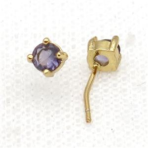 Copper Stud Earring Pave Zircon Purple Crystal Gold Plated, approx 4mm