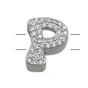 Copper Alphabet Beads Pave Zircon Letter-P 2holes Platinum Plated, approx 10-13mm