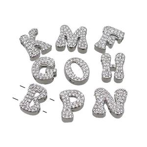 Copper Alphabet Beads Pave Zircon Mix Letter 2holes Platinum Plated, approx 10-13mm