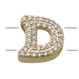 Copper Alphabet Beads Pave Zircon Letter-D 2holes Gold Plated, approx 10-13mm