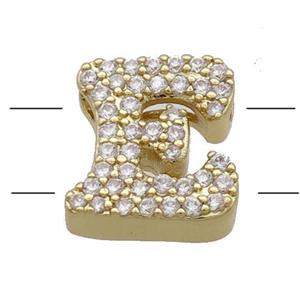 Copper Alphabet Beads Pave Zircon Letter-E 2holes Gold Plated, approx 10-13mm
