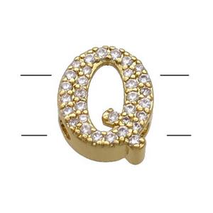 Copper Alphabet Beads Pave Zircon Letter-Q 2holes Gold Plated, approx 10-13mm