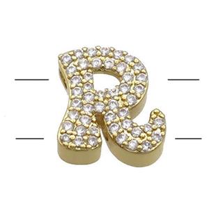 Copper Alphabet Beads Pave Zircon Letter-R 2holes Gold Plated, approx 10-13mm