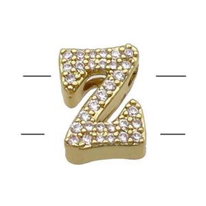 Copper Alphabet Beads Pave Zircon Letter-Z 2holes Gold Plated, approx 10-13mm