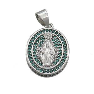 Copper Jesus Pendant Pave Green Zircon Oval Platinum Plated, approx 16-19mm