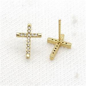 Copper Stud Earring Pave Zircon Cross Gold Plated, approx 10-14mm