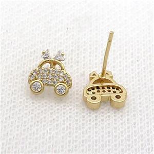 Copper Stud Earring Pave Zircon Car Gold Plated, approx 9-10mm