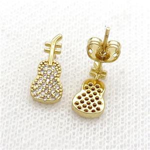Copper Stud Earring Pave Zircon Guitar Gold Plated, approx 6.5-15mm