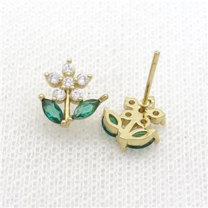 Copper Stud Earring Pave Zircon Flower Gold Plated, approx 10-11mm