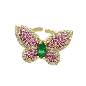 Copper Butterfly Ring Pave Hotpink Zircon Gold Plated, approx 16-22mm, 18mm dia