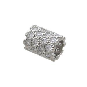 Copper Tube Beads Pave Zircon Large Hole Platinum Plated, approx 8-10mm, 5mm hole