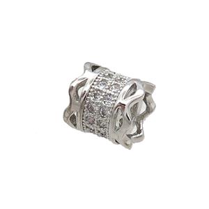 Copper Tube Beads Pave Zircon Large Hole Platinum Plated, approx 7-8mm, 4mm hole