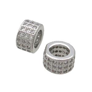 Copper Tube Beads Pave Zircon Large Hole Platinum Plated, approx 7mm, 4mm hole