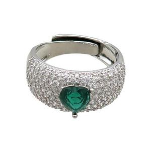 Copper Ring Pave Zircon Green Crystal Glass Heart Adjustable Platinum Plated, approx 6mm, 9mm, 18mm dia