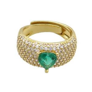Copper Ring Pave Zircon Green Crystal Glass Heart Adjustable Gold Plated, approx 6mm, 9mm, 18mm dia