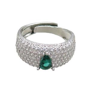 Copper Ring Pave Zircon Green Crystal Glass Teardrop Adjustable Platinum Plated, approx 5-7mm, 9mm, 18mm dia