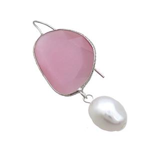 Copper Hook Earring With Pearlized Shell Pink Cat Eye Glass Platinum Plated, approx 20-25mm, 11-14mm