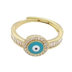 Copper Ring Pave Zircon Teal Enamel Evil Eye Adjustable Gold Plated, approx 9.5mm, 18mm dia