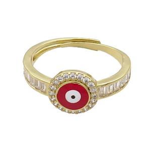 Copper Ring Pave Zircon Red Enamel Evil Eye Adjustable Gold Plated, approx 9.5mm, 18mm dia