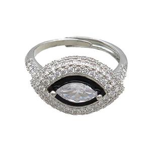 Copper Ring Pave Zircon Black Enamel Eye Adjustable Platinum Plated, approx 13-19mm, 18mm dia